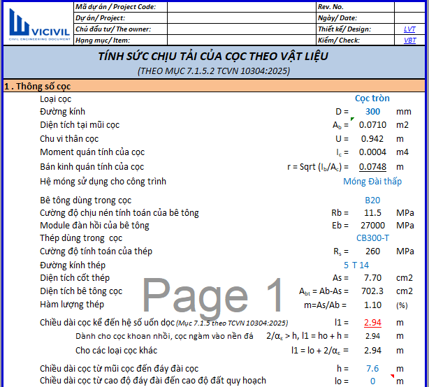 TÍNH SỨC CHỊU TẢI CỦA CỌC THEO VẬT LIỆU - TCVN 10304:2025_EXCEL 97 - Vobaotoan.com