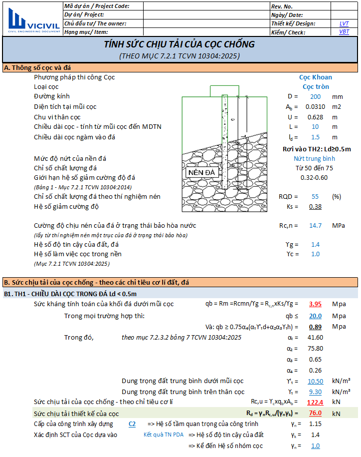CỌC CHỐNG TRÊN NỀN ĐÁ - TCVN 10304:2025 -EXCEL 99