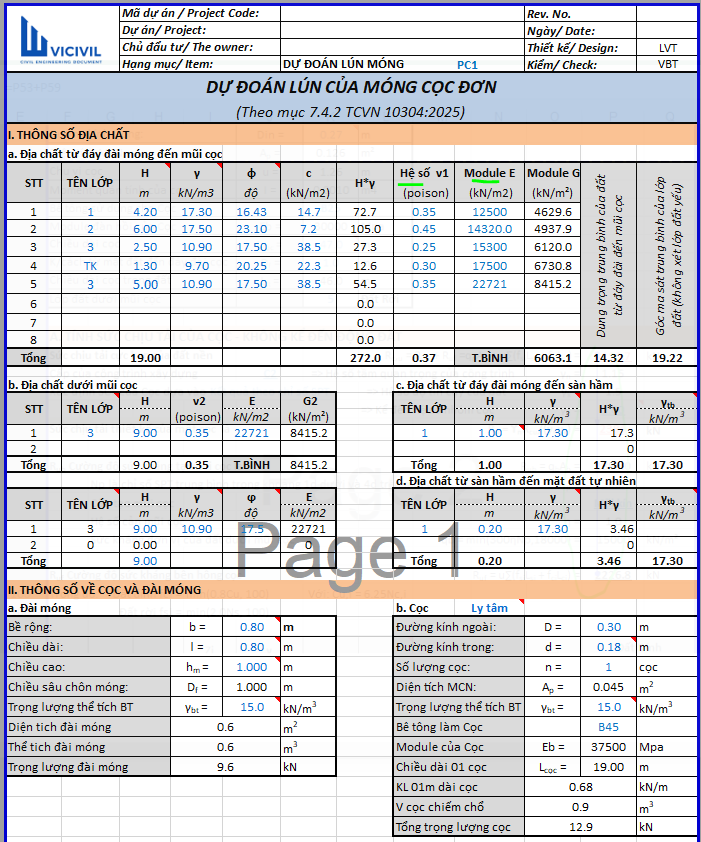 DỰ ĐOÁN LÚN MÓNG CỌC ĐƠN THEO TCVN 10304:2025 - EXCEL 100