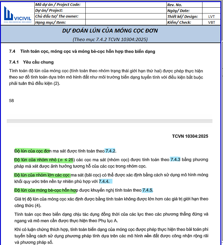 DỰ ĐOÁN LÚN MÓNG CỌC ĐƠN THEO TCVN 10304:2025 - EXCEL 100