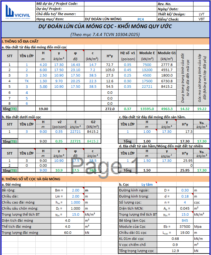 DỰ ĐOÁN LÚN KHỐI MÓNG QUY ƯỚC_ MÓNG CỌC - TCVN 10304:2025 – EXCEL 101