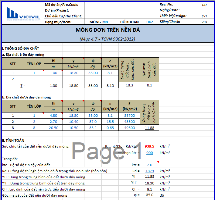 MÓNG ĐƠN TRÊN NỀN ĐÁ THEO TCVN 9362:2012 - EXCEL 107