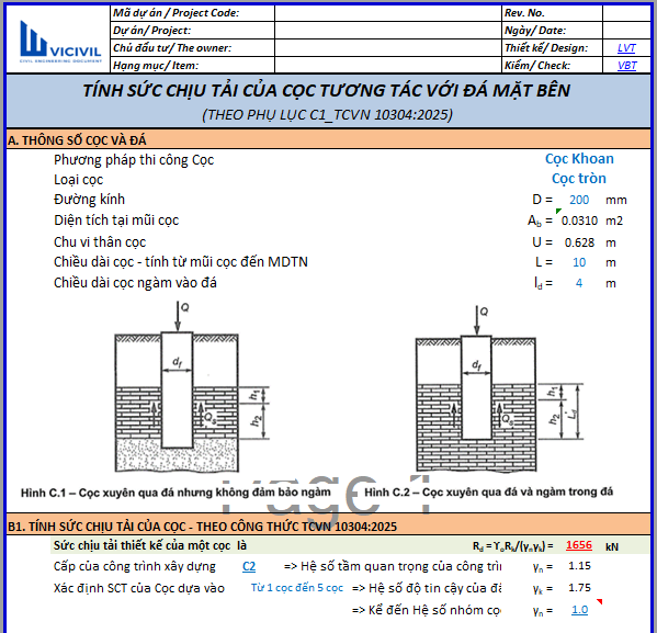 SCT CỌC TƯƠNG TÁC VỚI ĐÁ MẶT BÊN THEO PLC1 TCVN 10304:2025 - EXCEL 112