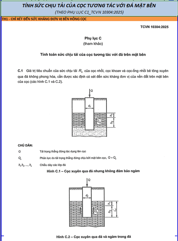 SCT CỌC TƯƠNG TÁC VỚI ĐÁ MẶT BÊN THEO PLC1 TCVN 10304:2025 - EXCEL 112